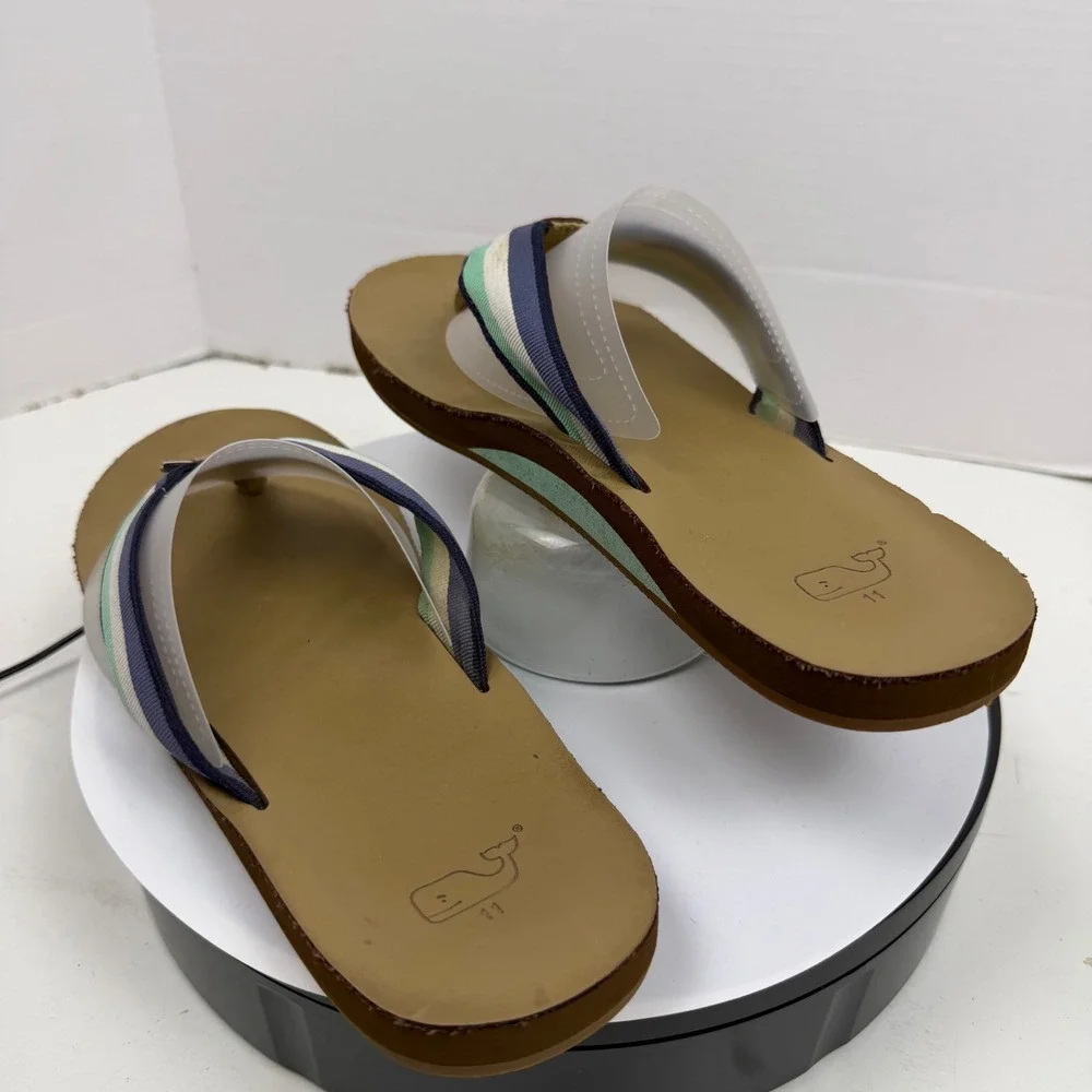 Vineyard Vines Mens Flip Flop Sandals Striped Webbing Tan Navy Green Size 11